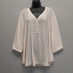 Rose + Olive Pink Swiss Dot Blouse 2X Pintuck Boho Top Semi Sheer 3/4 Sleeve